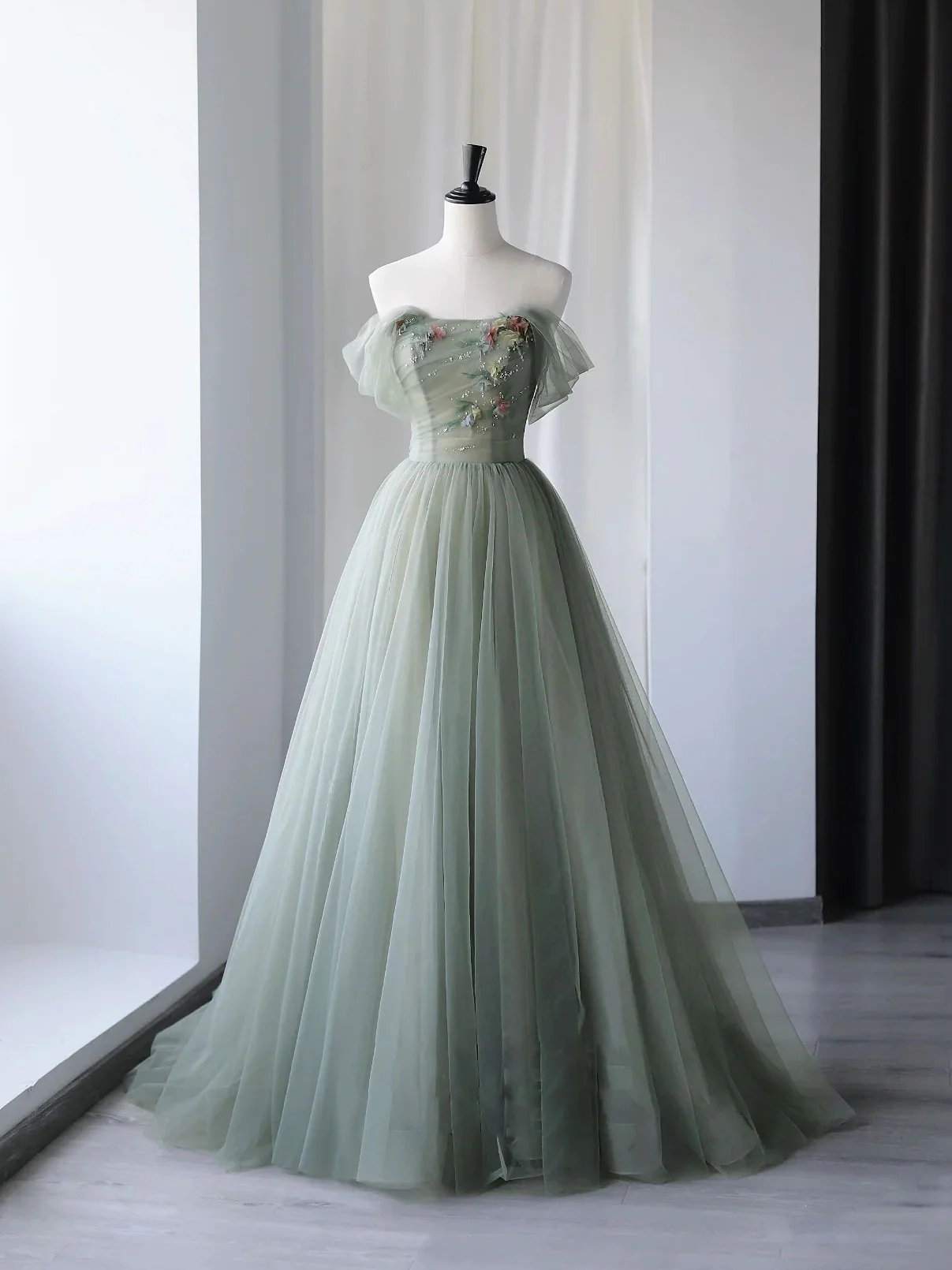 Gray Green Tulle Off Shoulder Long Prom Dress, Gray Green Formal Graduation Dresses - Deanwangkt