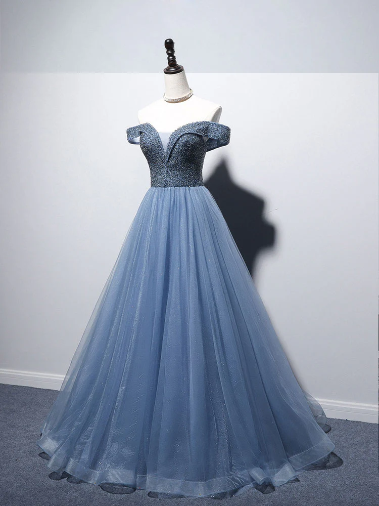 Blue Sweetheart Neck Tulle Beads Off Shoulder Long Prom Dress - Deanwangkt