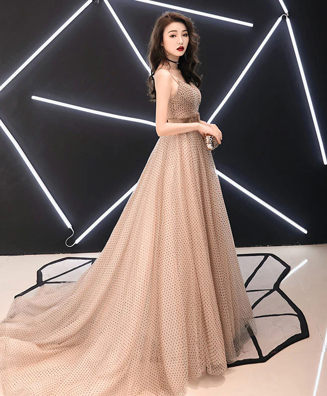 Champagne Sweetheart Tulle Long Prom Dress, Champagne Tulle Evening Dress - Deanwangkt