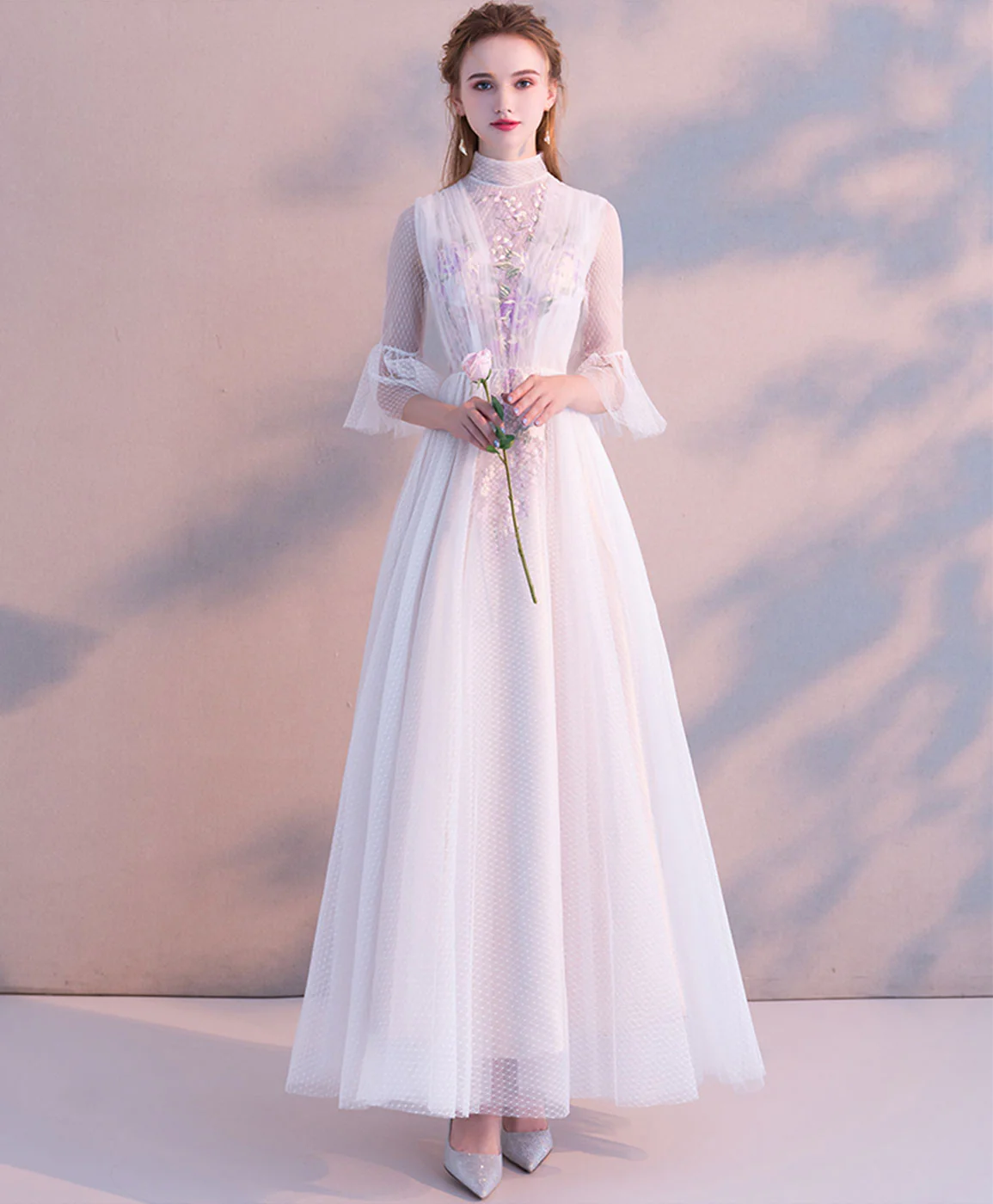 White High Neck Tulle Lace Tea Long Prom Dress Bridesmaid Dress - Deanwangkt