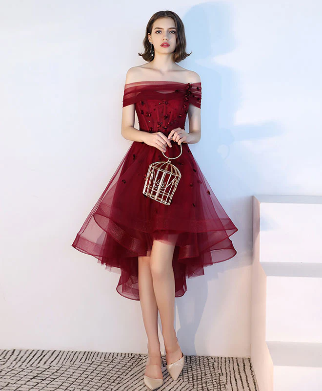 Burgundy Tulle Lace Short Prom Dress, Burgundy Tulle Evening Dress - Deanwangkt