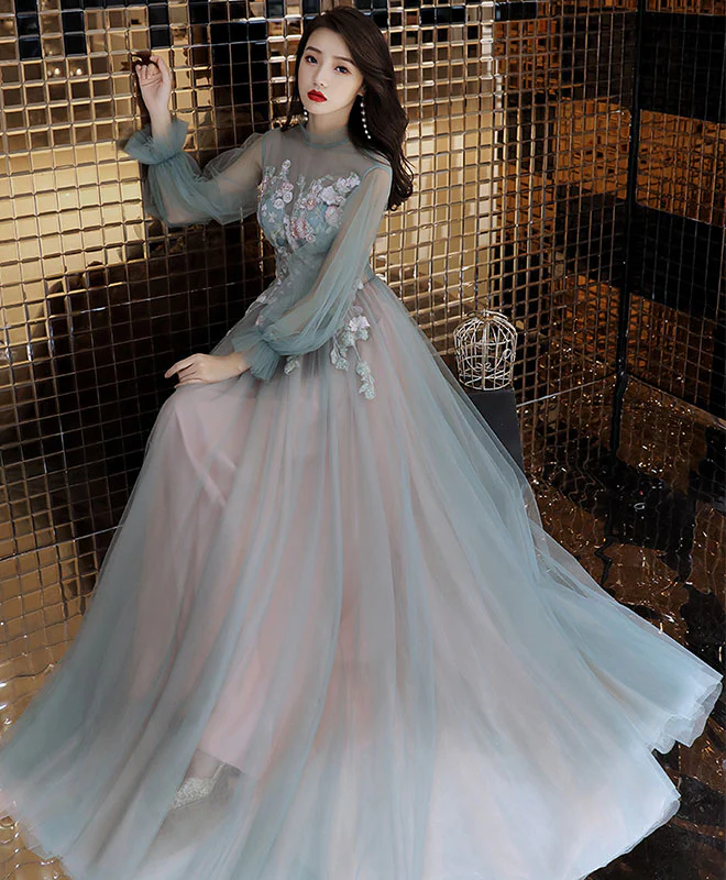 Green Tulle Lace Long Prom Dress, Green Tulle Evening Dress - Deanwangkt