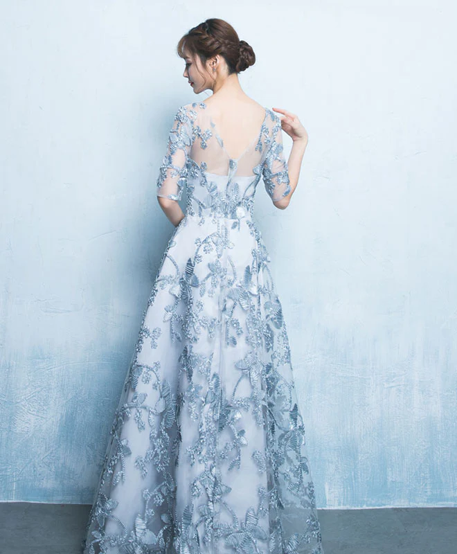 A Line Round Neck Tulle Gray Long Prom Dress, Formal Dress - Deanwangkt