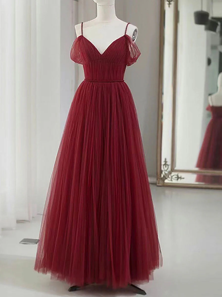 Simple V neck Tulle Burgundy Long Prom Dress, Burgundy Tulle Formal Dresses - Deanwangkt