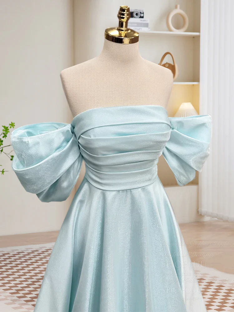 A-Line Off Shoulder Blue Long Prom Dress, Blue Long Formal Dress - Deanwangkt