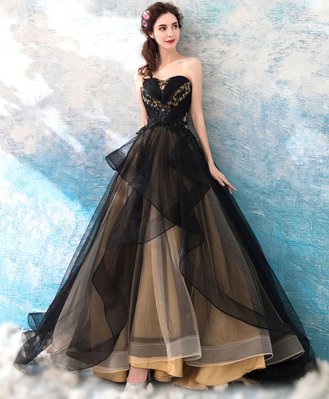 Black Sweetheart Neck Tulle Long Prom Dress, Black Evening Dress - Deanwangkt