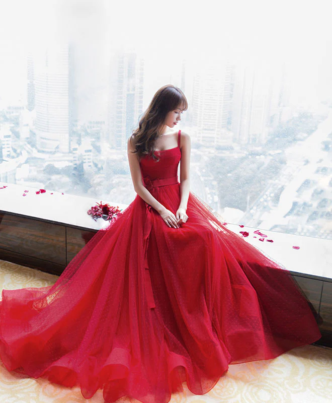 Red Tulle Long Prom Dress, Red Tulle Evening Dress - Deanwangkt