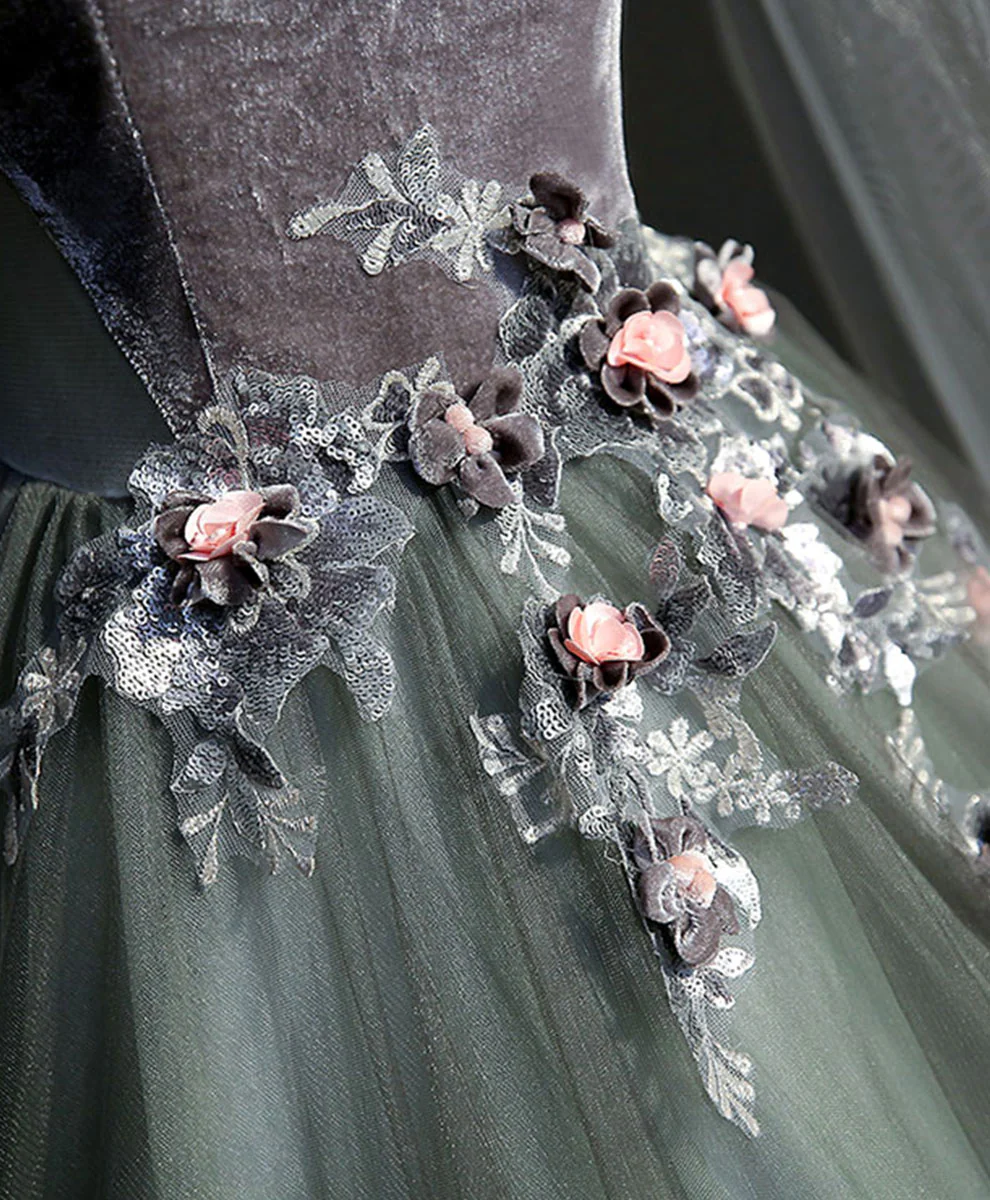 Gray Green Tulle Lace Long Prom Dress Gray Tulle Formal Dress - Deanwangkt