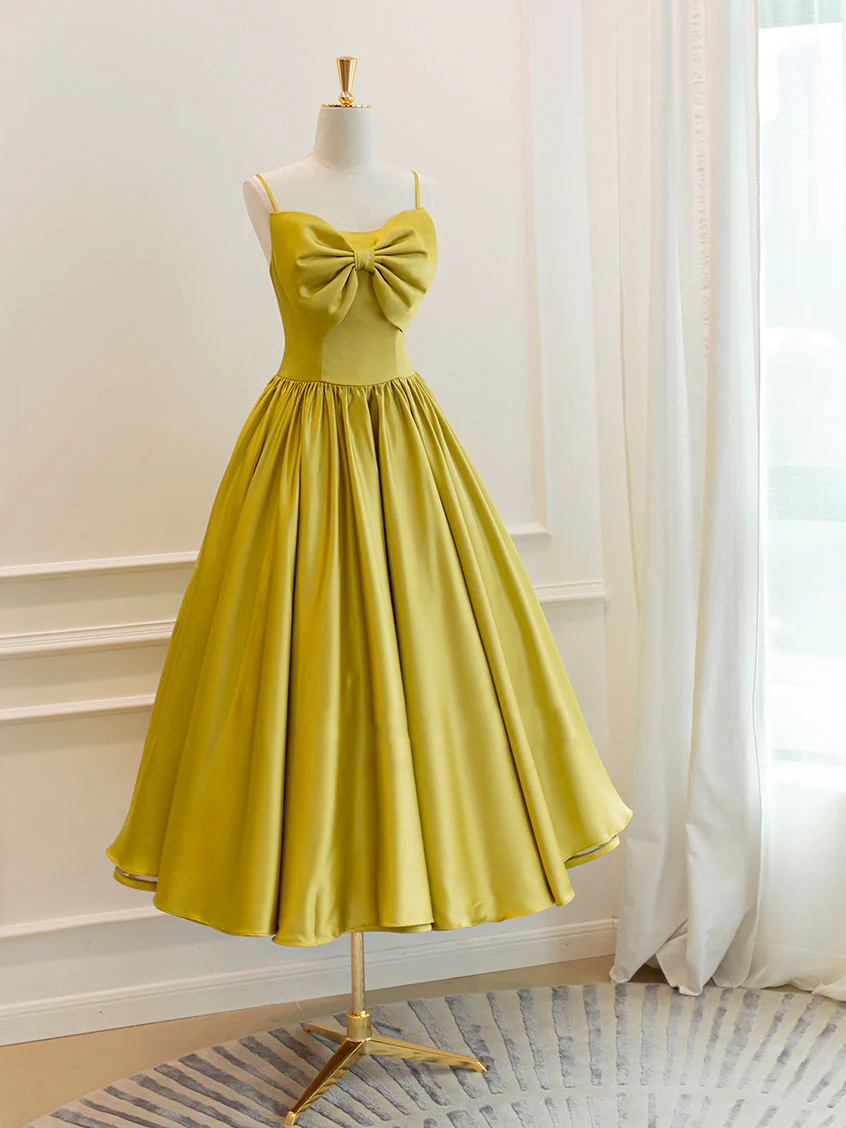 Simple Yellow Satin Tea Length Prom Dress, Yellow Homecoming Dress - Deanwangkt