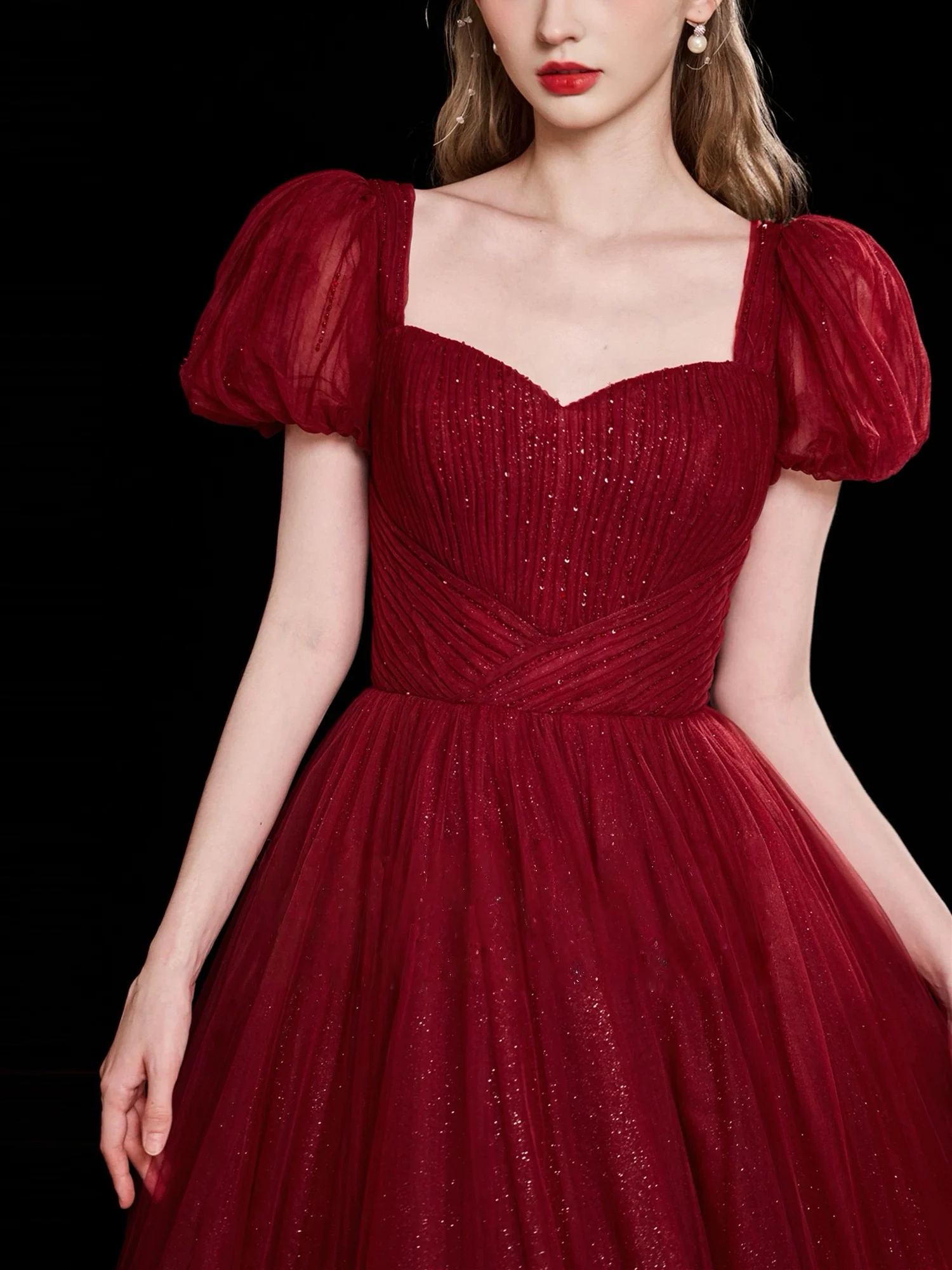 A-Line Puff Sleeves Tulle Burgundy Long Prom Dress, Burgundy Long Evening Dress - Deanwangkt
