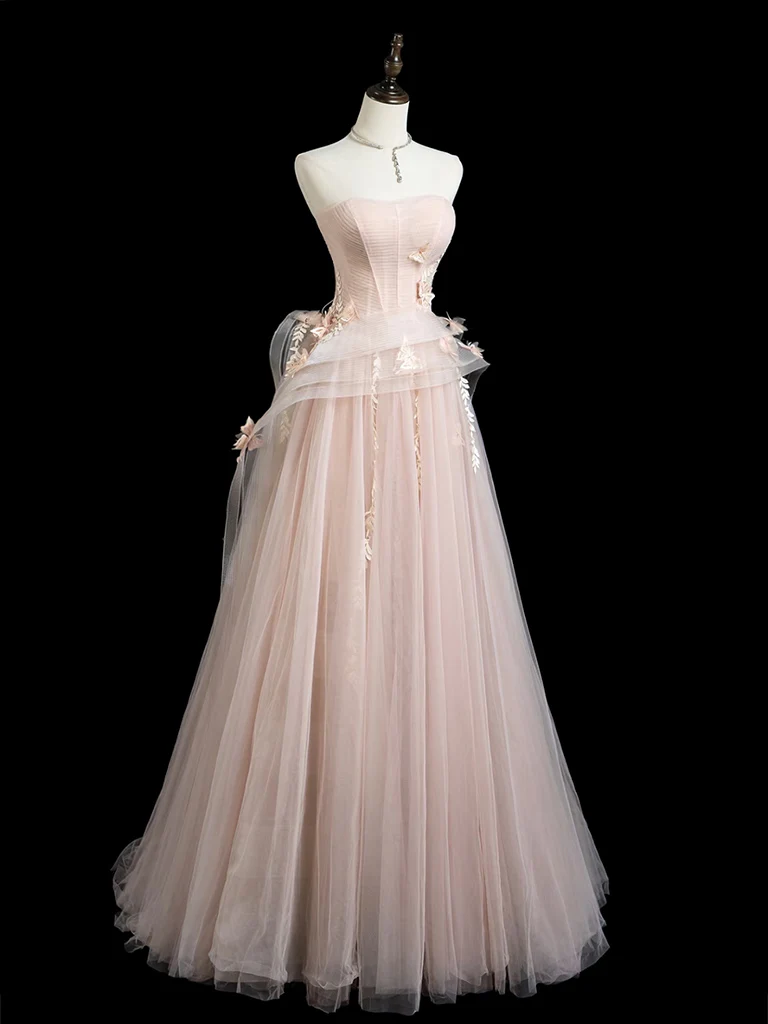 A-Line Tulle Lace Pink Long Prom Dress, Pink Long Formal Dress - Deanwangkt