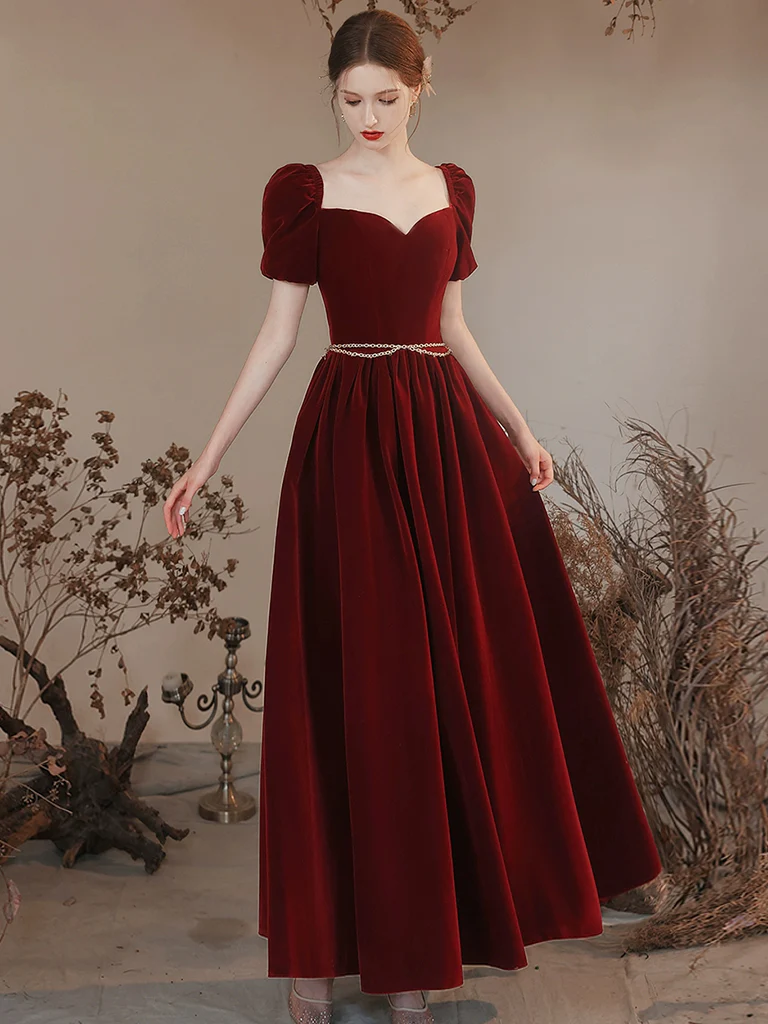 A-line Sweetheart Neck Velvet Burgundy Long Prom Dress, Burgundy Long Formal Dress - Deanwangkt