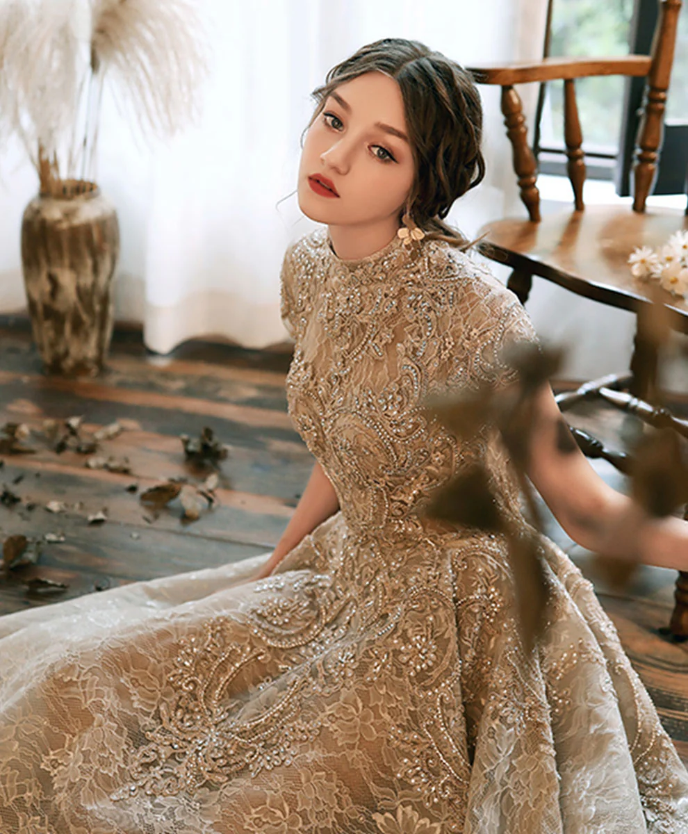 Champagne High Neck Lace Prom Dress, Champagne Lace Formal Dress - Deanwangkt