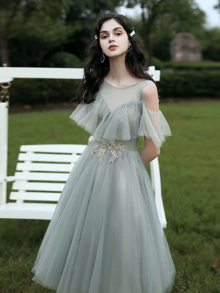 Gray Green Tulle Lace Short Prom Dresses, Gray Tulle Bridesmaid Dress - Deanwangkt