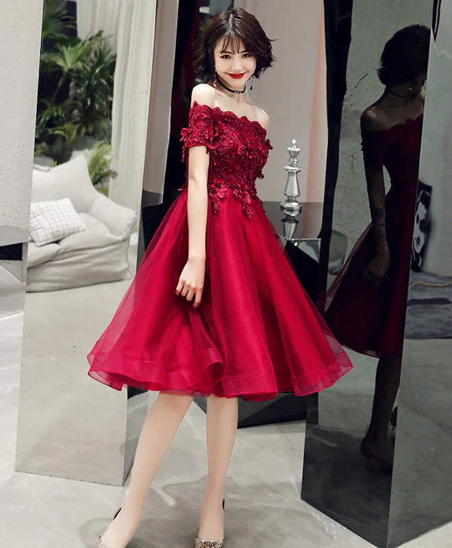 Burgundy Lace Off Shoulder Short Prom Dress, Burgundy Homecoming Dress - Deanwangkt