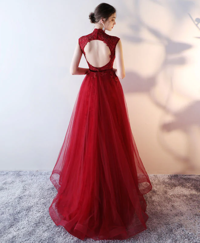 Burgundy Lace Tulle Long Prom Dress, Burgundy Evening Dress - Deanwangkt