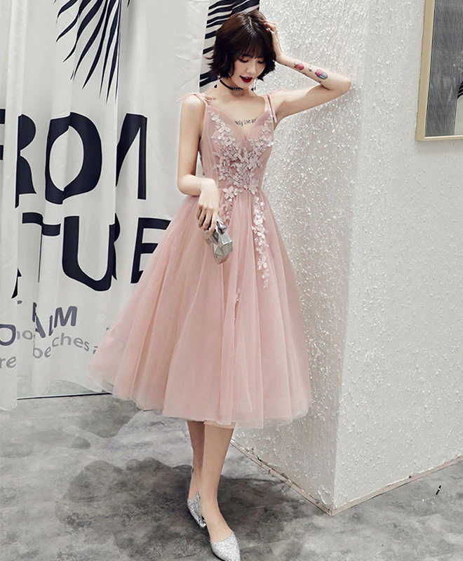 Simple Pink V Neck Tulle Short Prom Dress, Pink Homecoming Dress - Deanwangkt