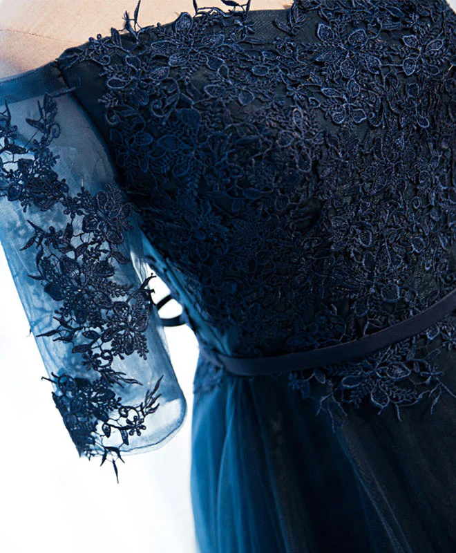 Dark Blue Lace Tulle Long Prom Dress, Lace Evening Dress - Deanwangkt