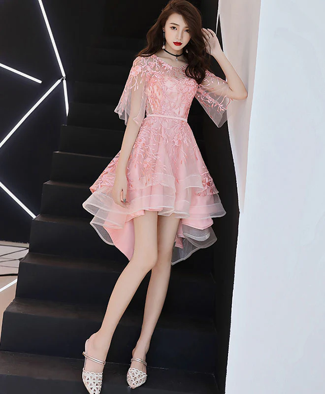 Pink Round Neck Tulle Lace Short Prom Dress, Pink Homecoming Dress - Deanwangkt
