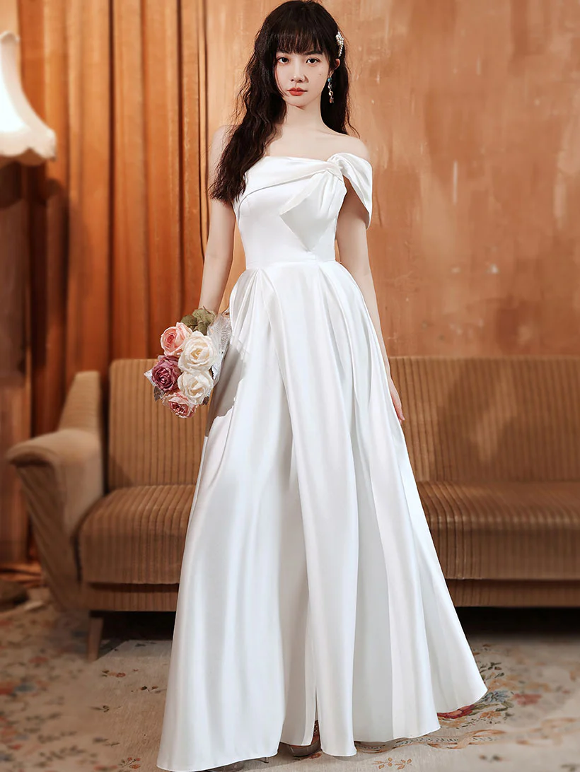 White A line Satin Long Prom Dress, White Satin Long Formal Evening Dress - Deanwangkt
