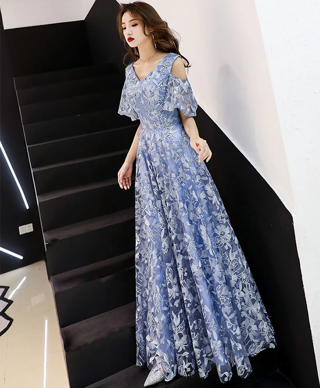Blue V Neck Lace Long Prom Dress, Blue Evening Dress - Deanwangkt