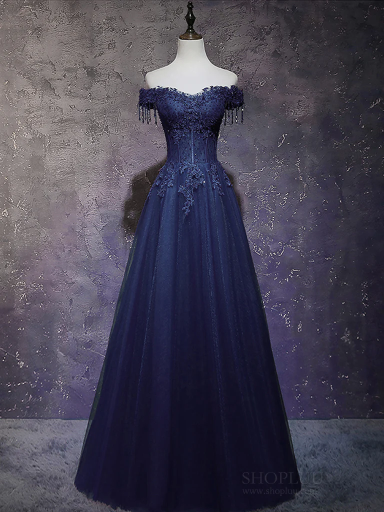 A-Line Off Shoulder Tulle Lace Dark Blue Long Prom Dress, Dark Blue Long Formal Dress - Deanwangkt
