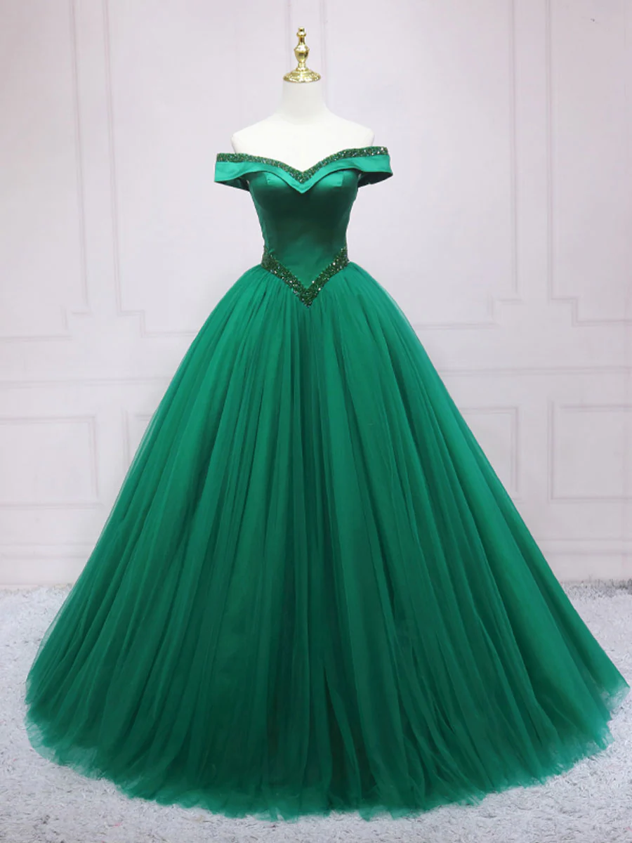 Green Tulle Off Shoulder Tulle Beads Long Prom Dress, Green Formal Graduation Dresses - Deanwangkt