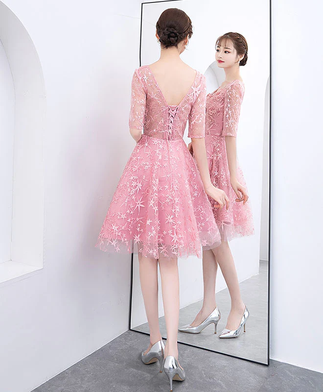 Pink Tulle Lace Short Prom Dress, Pink Tulle Homecoming Dress - Deanwangkt