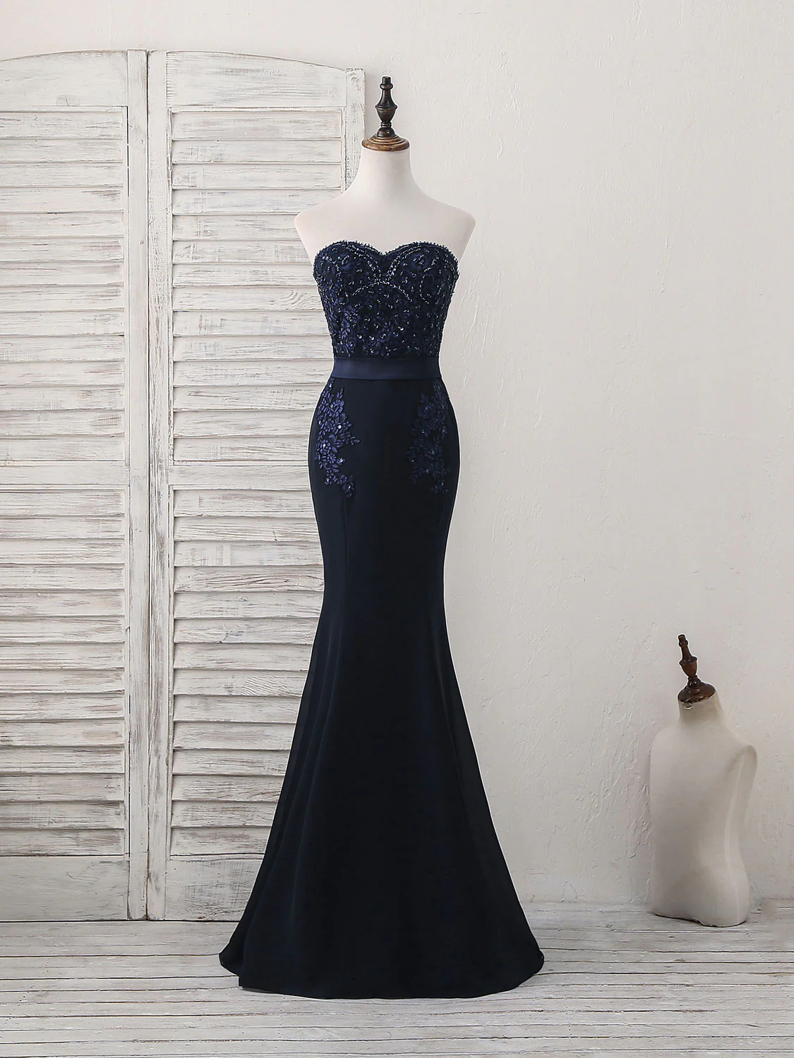 Dark Blue Sweetheart Mermaid Long Prom Dress, Dark Blue Evening Dress - Deanwangkt