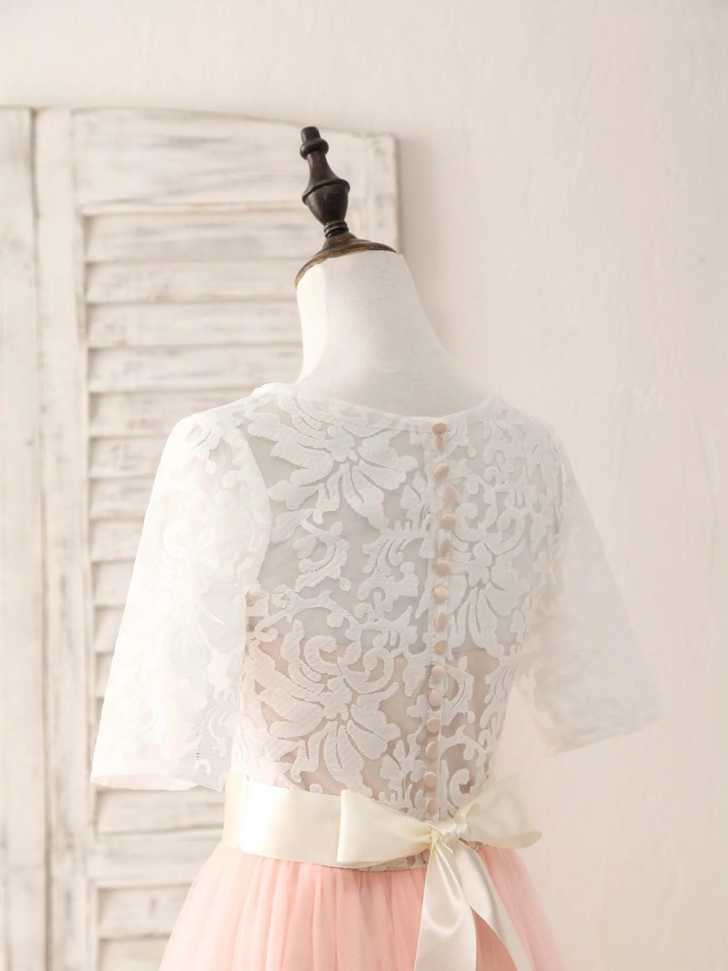 Pink Tulle Lace Long Prom Dress Pink Bridesmaid Dress - Deanwangkt