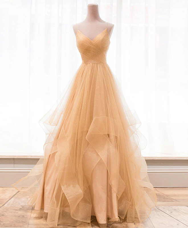Unique V Neck Tulle A-Line Long Prom Dress Tulle Formal Dress - Deanwangkt