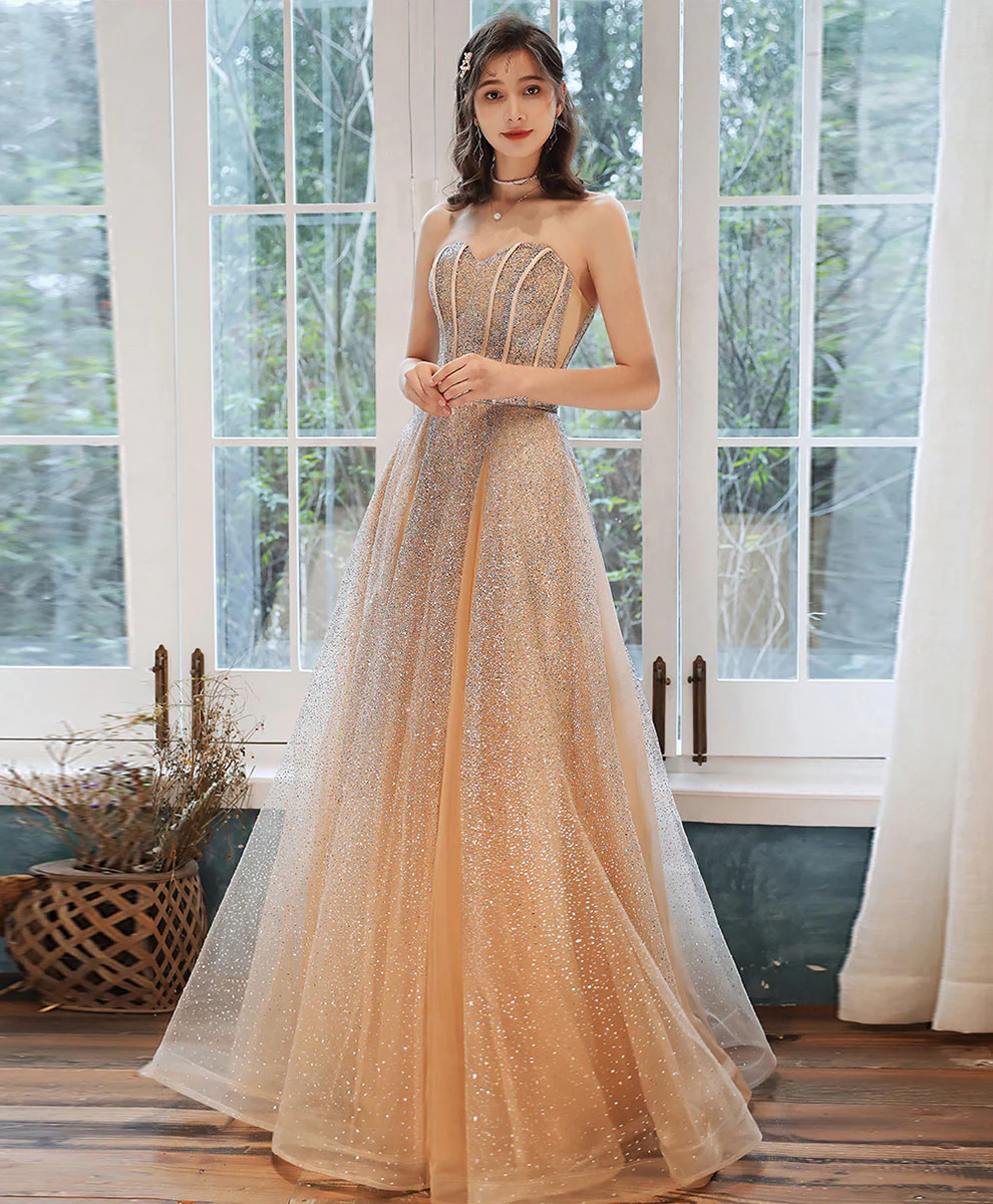 Champagne Tulle Sequin Long Prom Dress Tulle Formal Dress - Deanwangkt