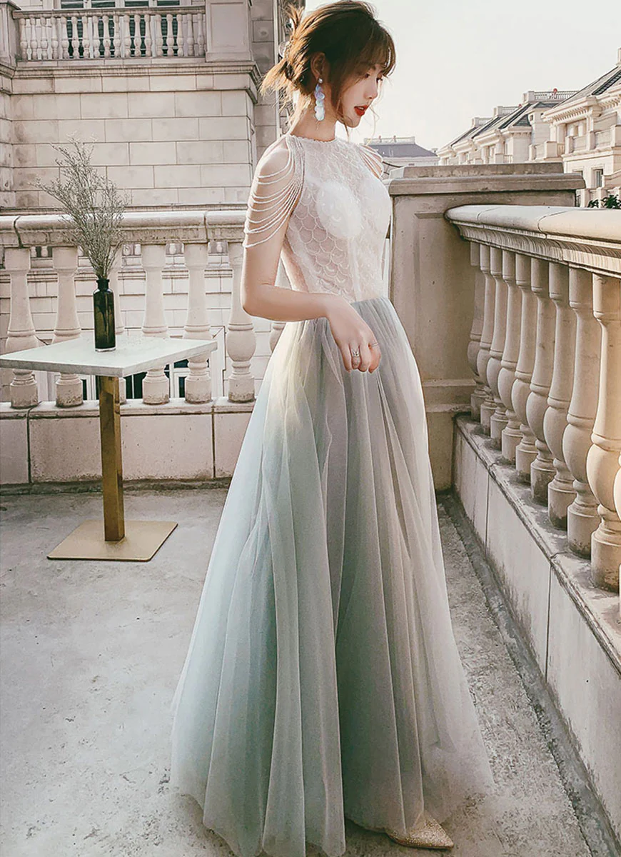 Gray Tulle Sequin Long Prom Dress, Tulle Formal Graduation Dress with Beading - Deanwangkt