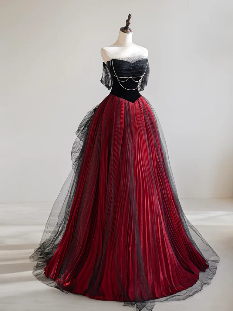 A-Line Off Shoulder Tulle Black/Burgundy Long Prom Dress - Deanwangkt