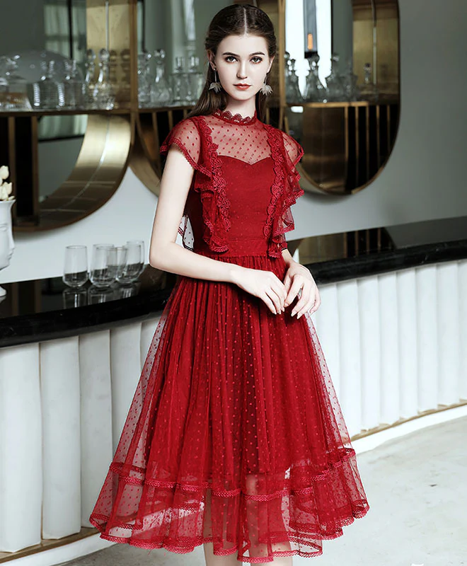 Burgundy Tulle Lace Short Prom Dress, Homecoming Dress - Deanwangkt