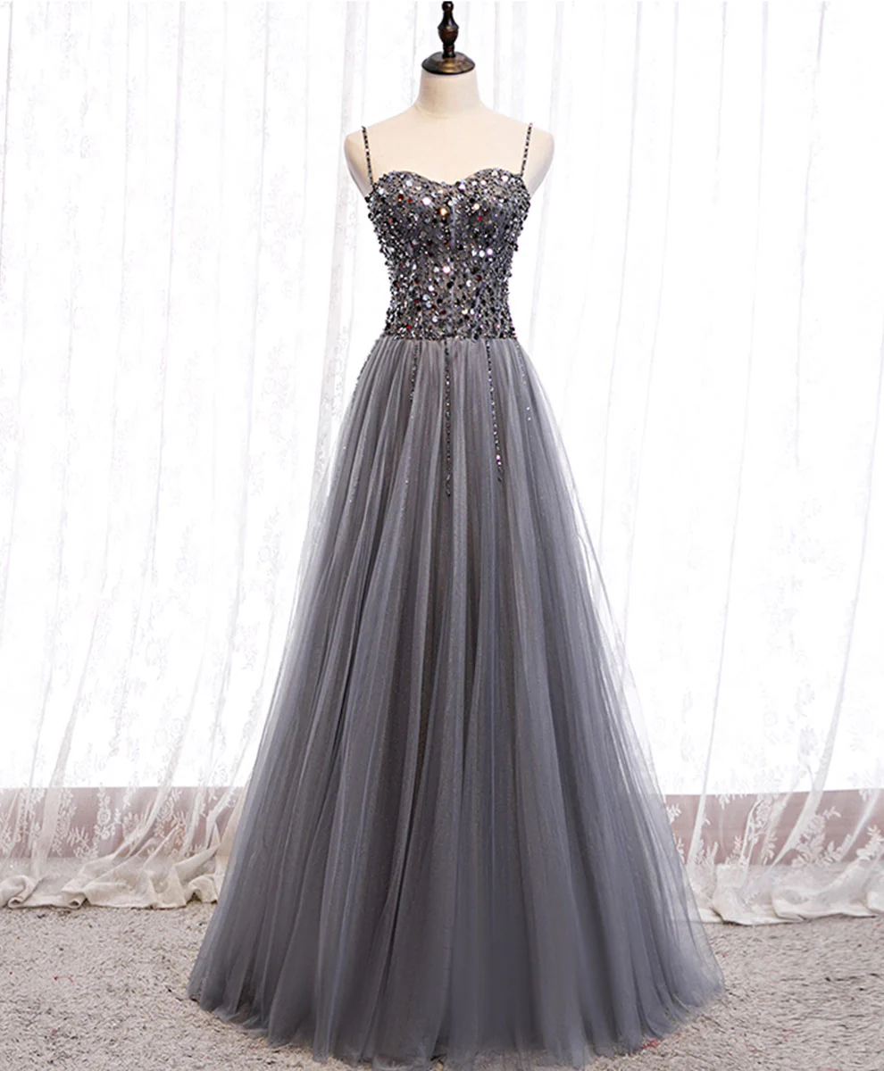 Gray Tulle Sequin Long Prom Dress, Gray Tulle Formal Dress with Beading Sequin - Deanwangkt
