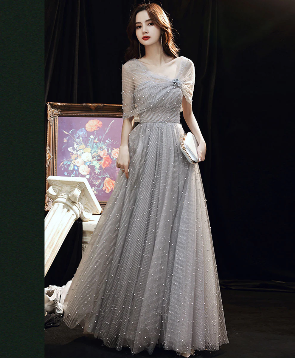 Gray A line Long Prom Dress, A line Formal Graduation Dress with Beading - Deanwangkt
