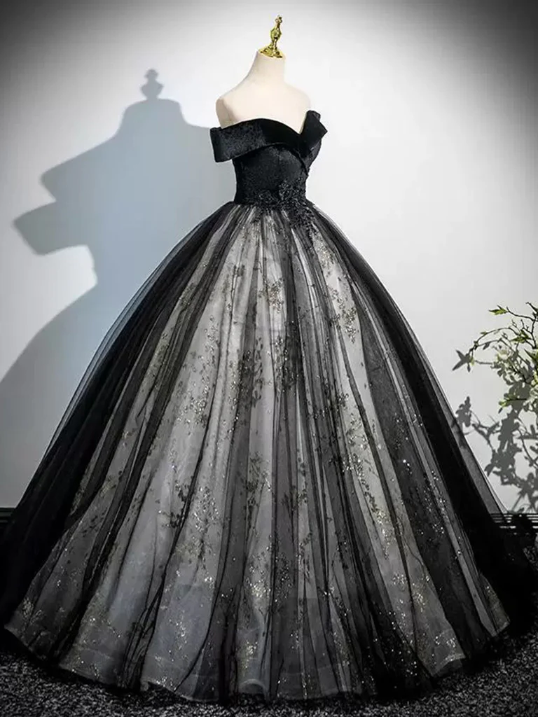A-Line Off Shoulder Tulle Lace Black Long Prom Dress, Black Long Evening Dress - Deanwangkt