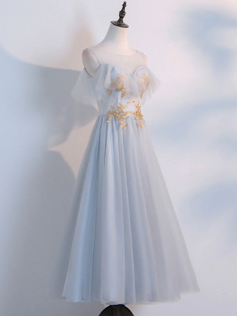 Simple Tulle Lace Gray Prom Dresses, Tea Length Lace Bridesmaid Dresses - Deanwangkt
