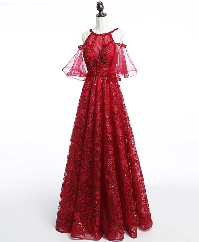 Unique Off Shoulder Tulle Lace Burgundy Long Prom Dress, Evening Dress - Deanwangkt