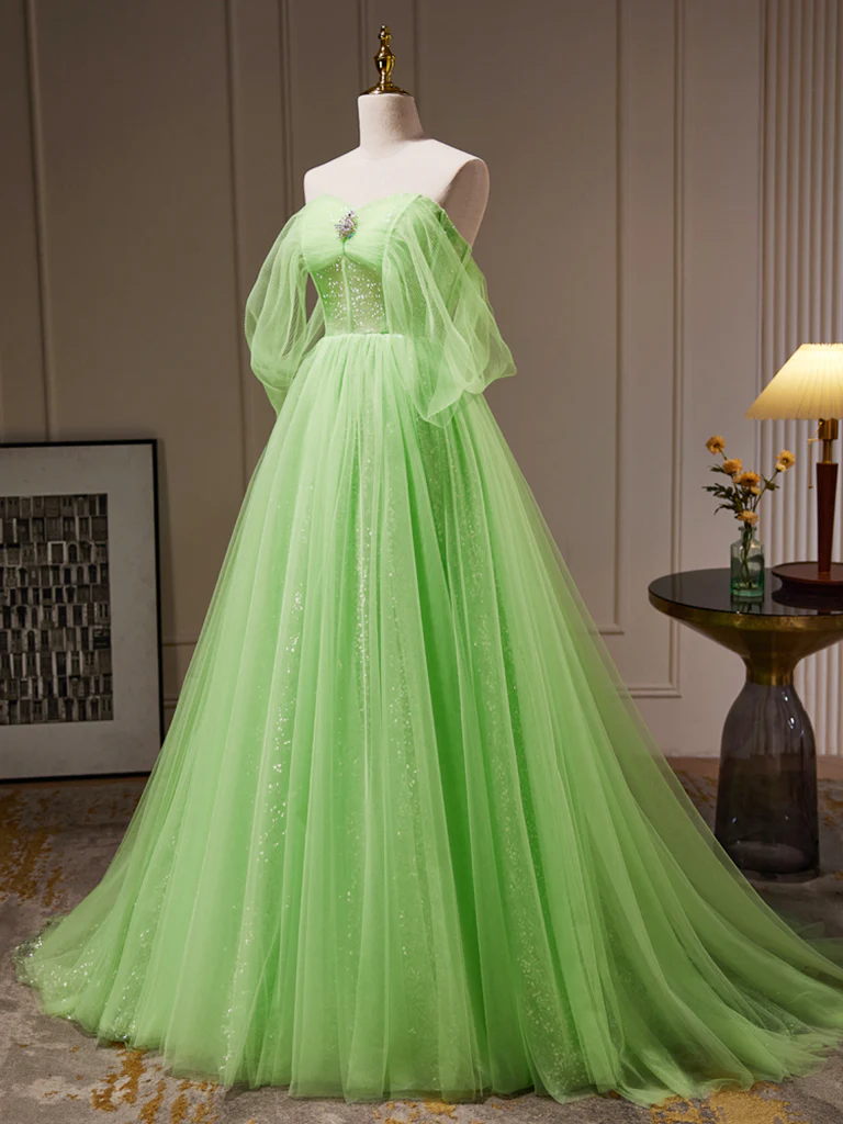 A-Line Sweetheart Neck Tulle Green Long Prom Dress, Green Tulle Long Evening Dress - Deanwangkt