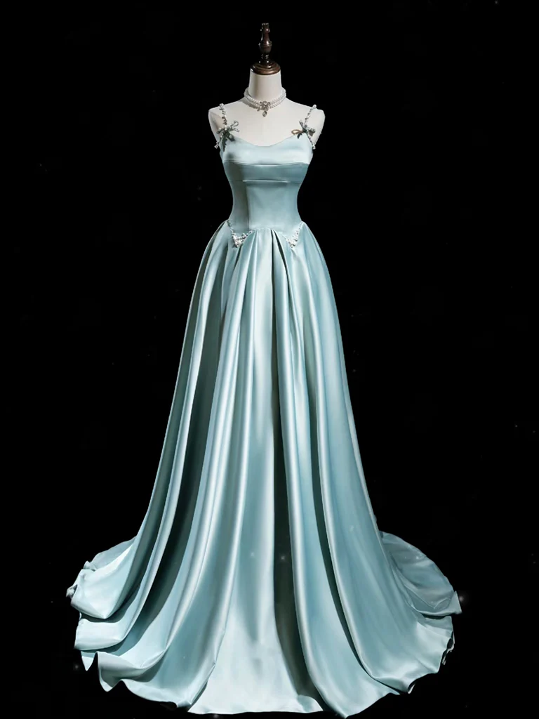 A-Line Blue Satin Long Prom Dress, Blue Long Formal Dress - Deanwangkt