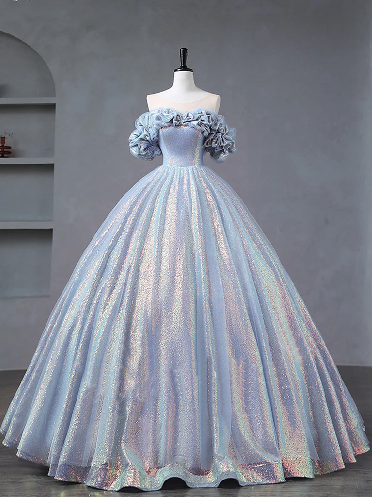 A-Line Off Shoulder Tulle Sequin Blue Purple Long Prom Dress, Sequin Formal Dress - Deanwangkt