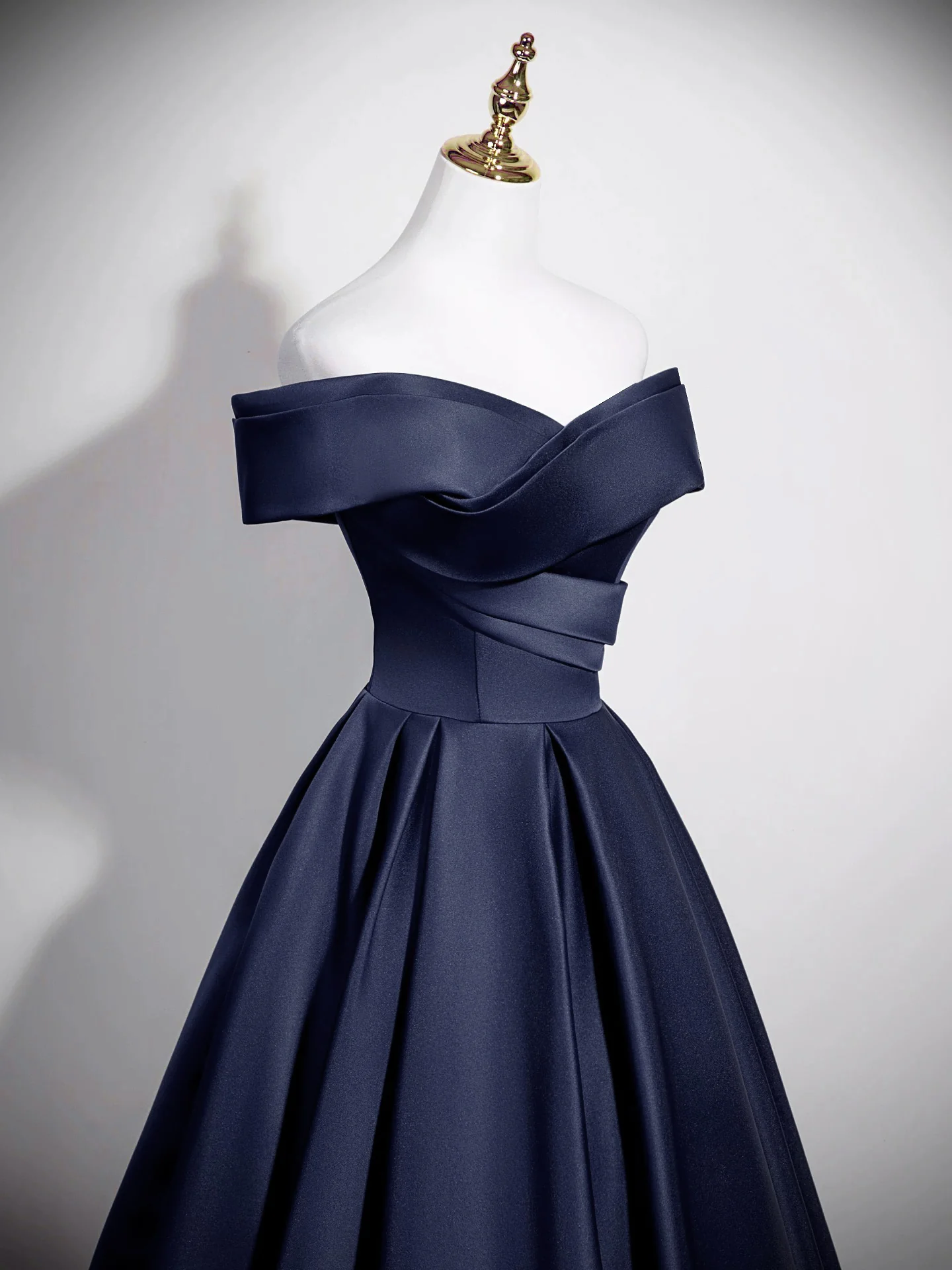 A-Line Off Shoulder Satin Dark Blue Long Prom Dress, Dark Blue Long Formal Dress - Deanwangkt