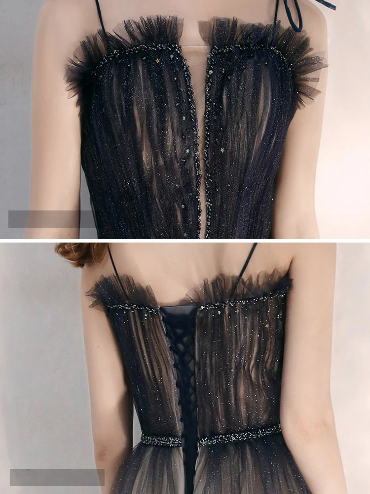 Champagne A line Tulle Sequin Long Prom Dress, Champagne Evening Dress - Deanwangkt