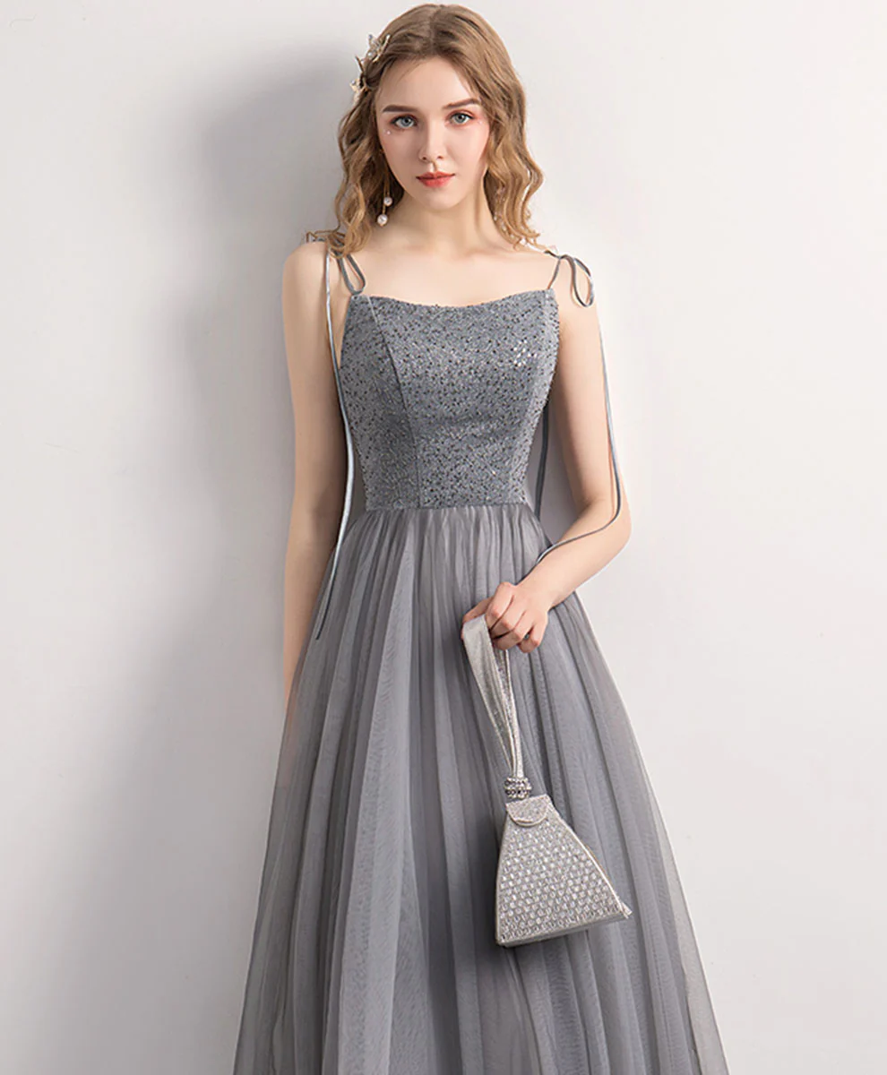 Gray Tulle Sequin Tea Length Prom Dress Gray Tulle Formal Dress - Deanwangkt