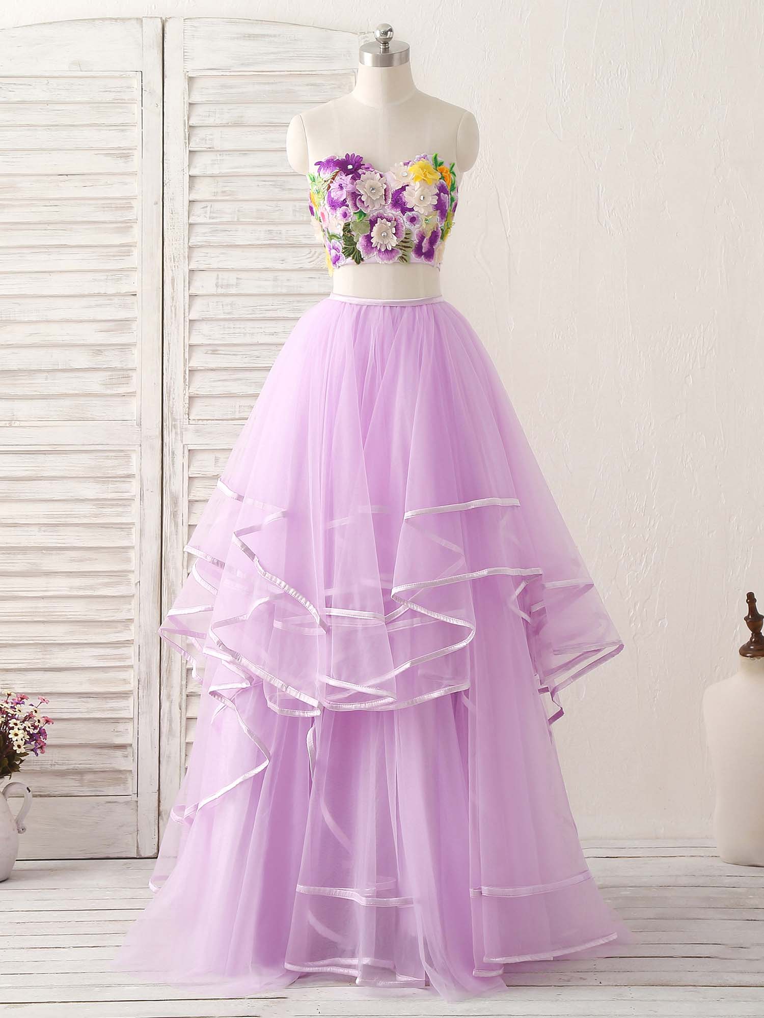 Purple Two Pieces Applique Tulle Long Prom Dress Purple Evening Dress - Deanwangkt