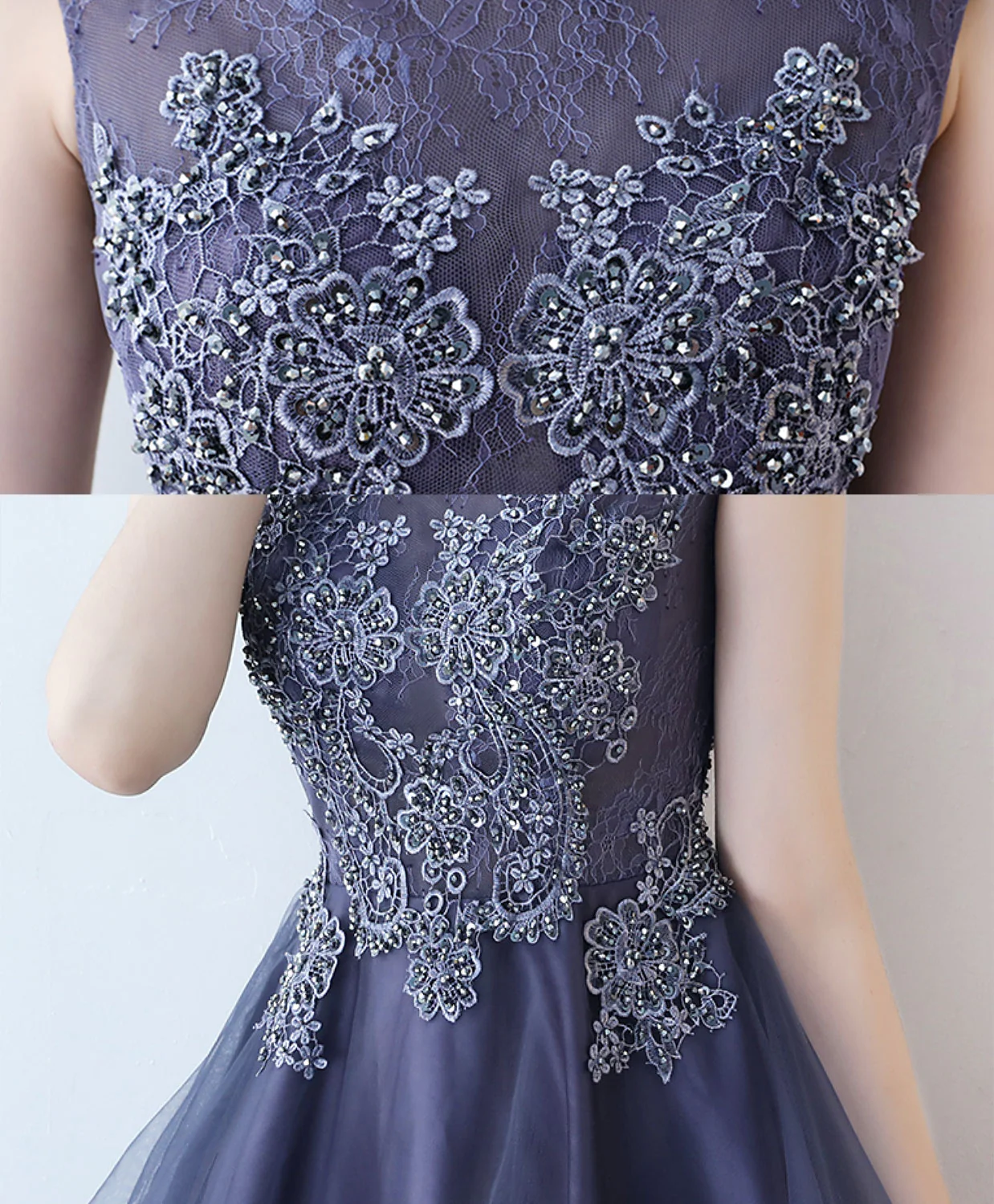 Purple Round Neck lace Tulle High Low Prom Dress, Homecoming Dress - Deanwangkt
