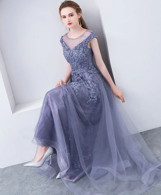 Gray Blue Round Neck Tulle Lace Long Prom Dress, Gray Blue Evening Dress - Deanwangkt