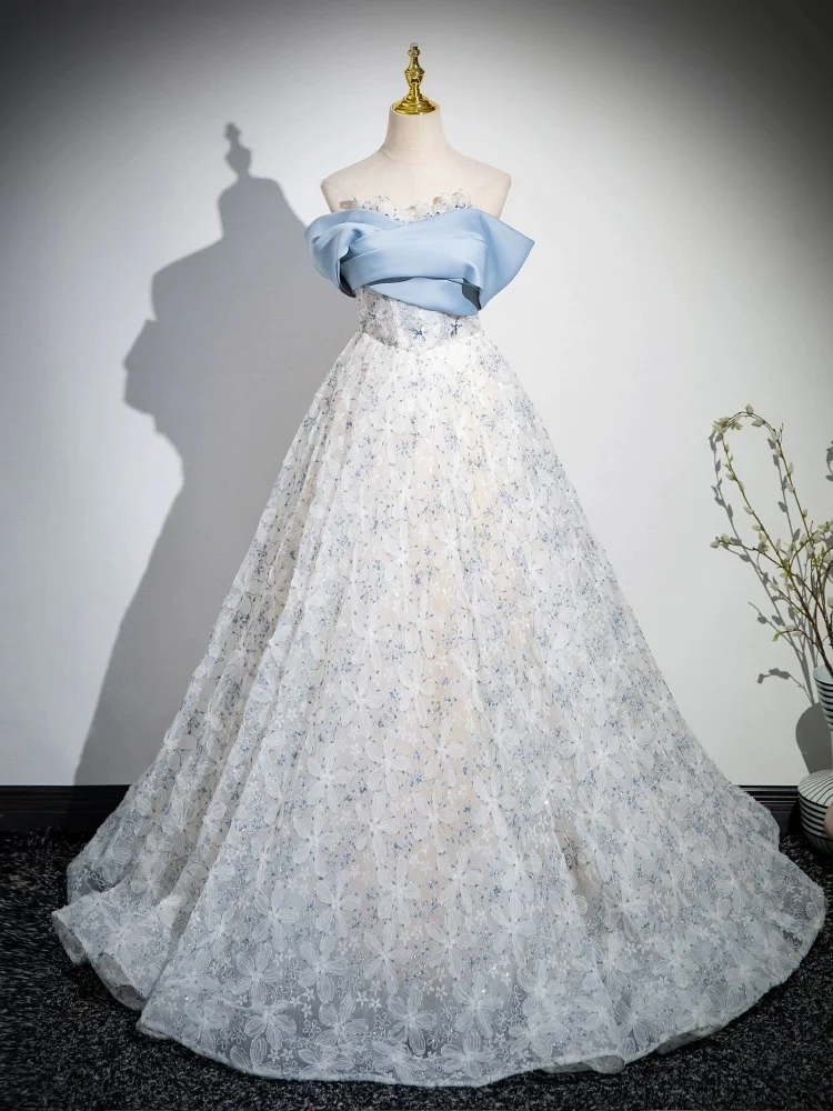 A-line Off Shoulder Tulle Lace Blue Long Prom Dress, Blue Long Formal Dress - Deanwangkt